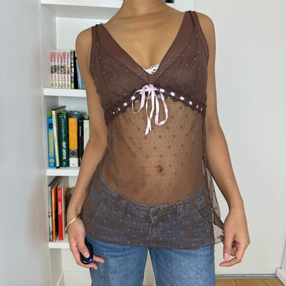 Vintage Sheer Brown Mesh Camisole with Pink Ribbon Detail (S/M) - Picture 4 of 9